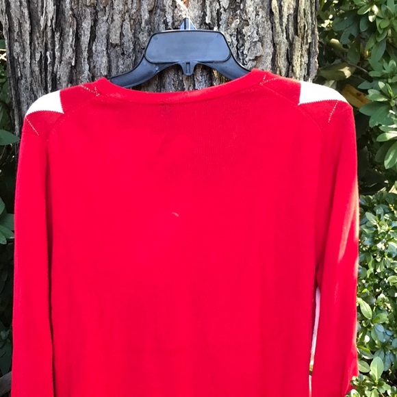 Tommy Hilfiger Red White Metallic Gold Argyle V-Neck Sweater L Large Women’s - Picture 6 of 13